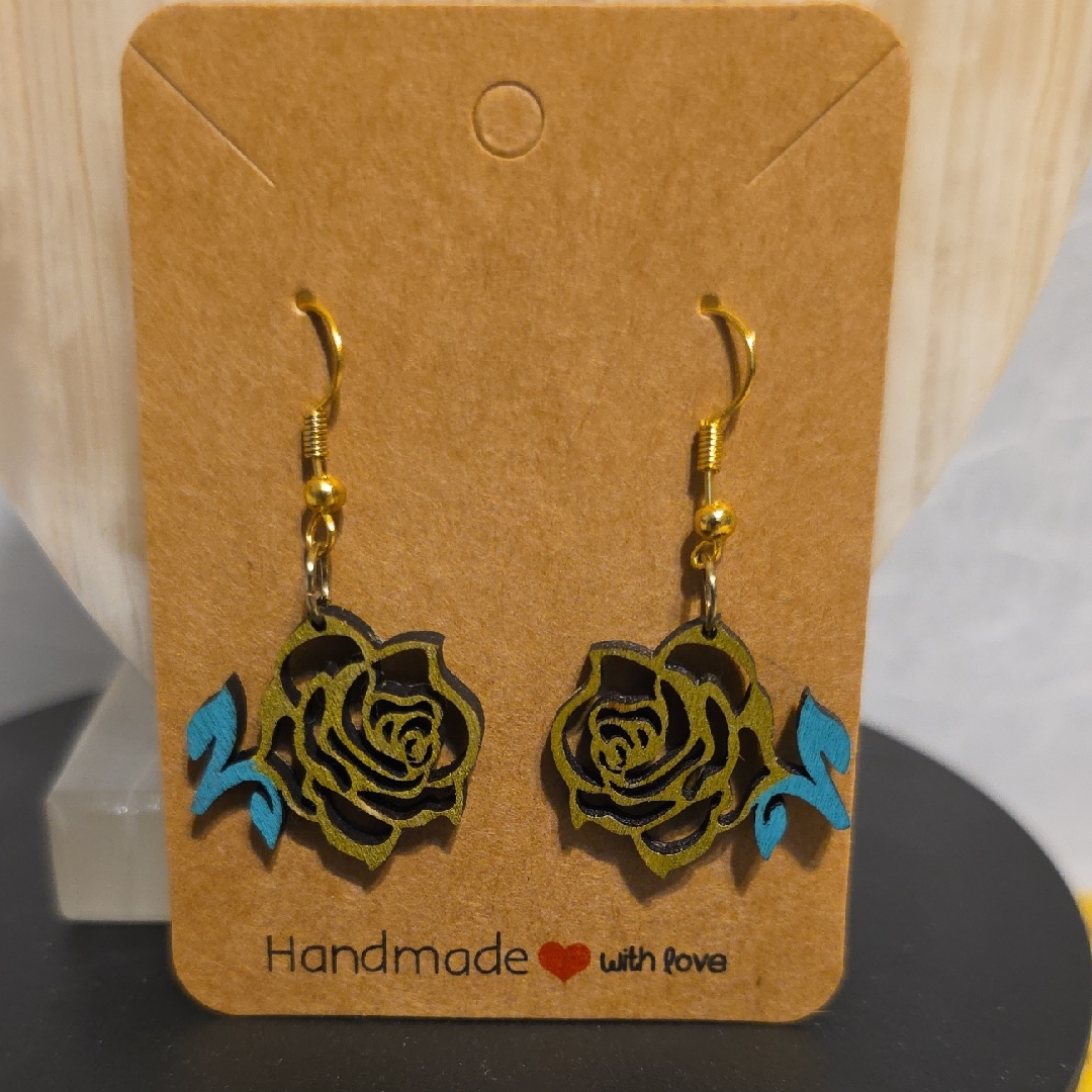 Artisan Gold And Blue Rose Earrings